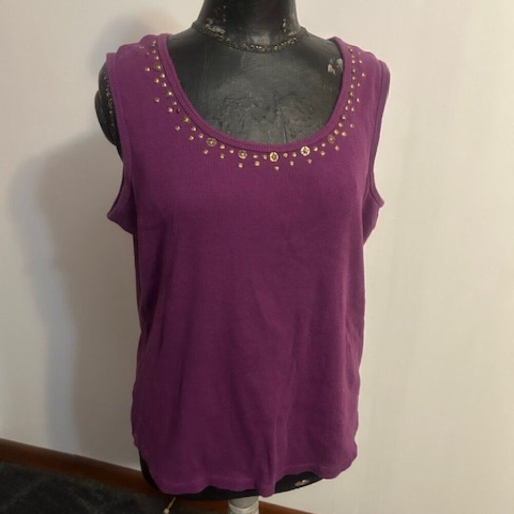 Venezia Purple Rib knit embellished tank top, size 18/20